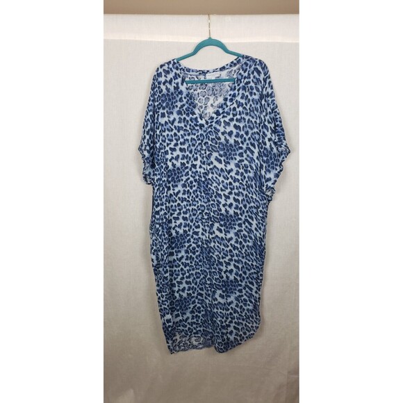 Michael Stars Kaftan Dress S Leopard Blue Double Gauze Boho Oversize Comfy Vacay